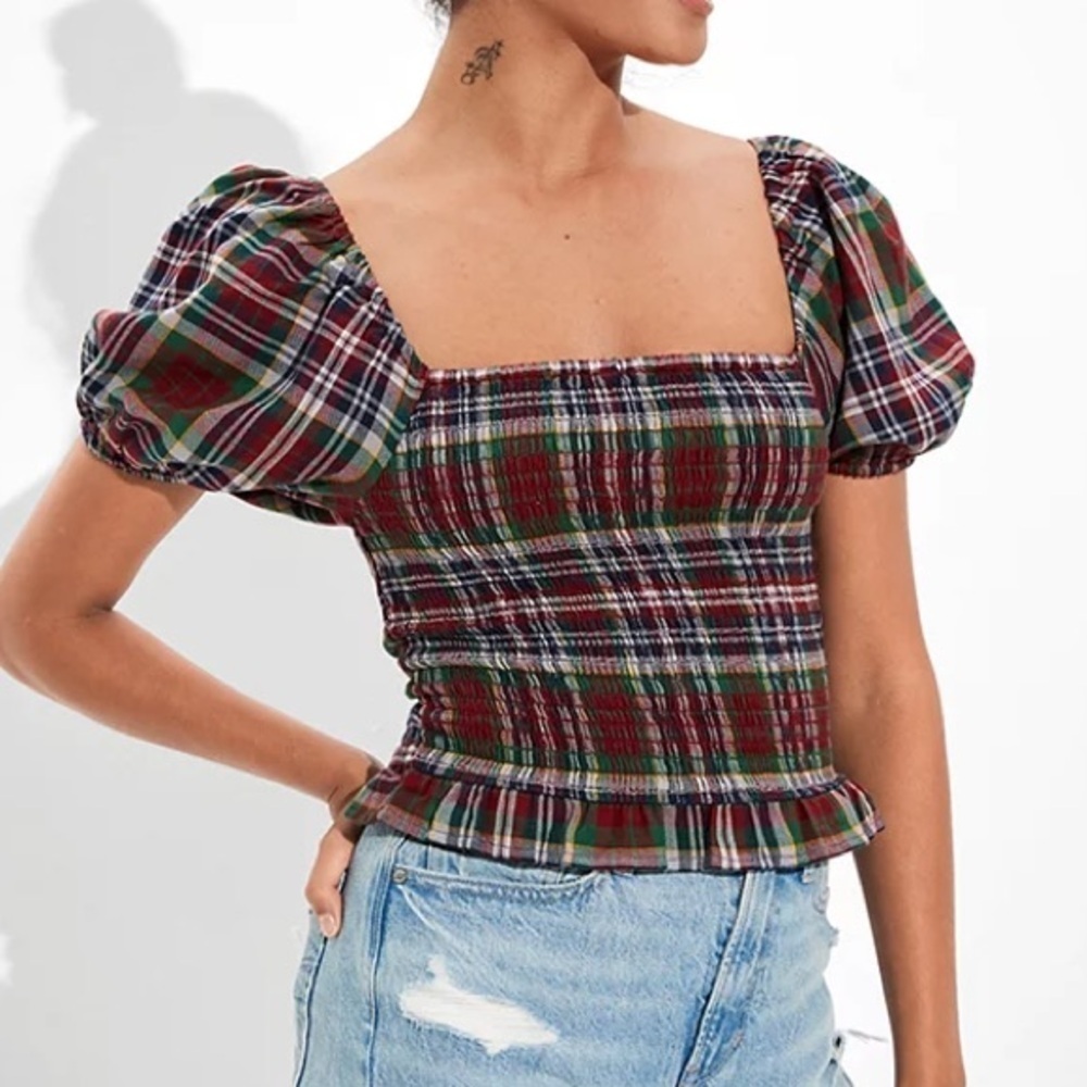 Plaid Smocked Top Square Neck Puff Sleeve Red Green AEO Medium NWT Holiday‎ Xmas